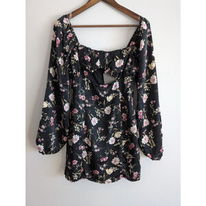 Lelis Black Floral Long Sleeve Mini Dress Women Sz S Milkmaid Fairy Cottagecore